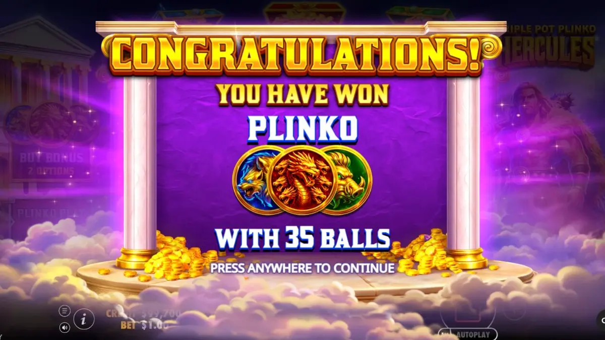 Tampilan visual slot Triple Pot Plinko – Hercules dengan latar belakang Gunung Olympus.