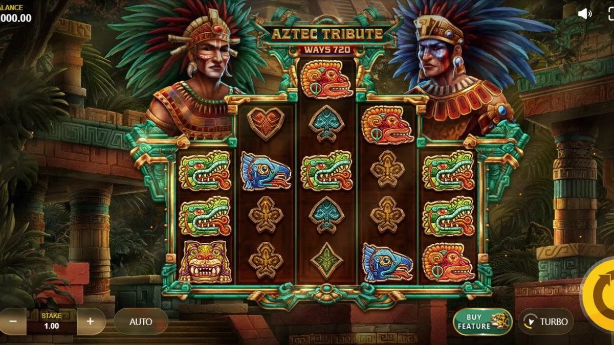 Tampilan visual slot Aztec Tribute dengan latar belakang reruntuhan hutan kuno