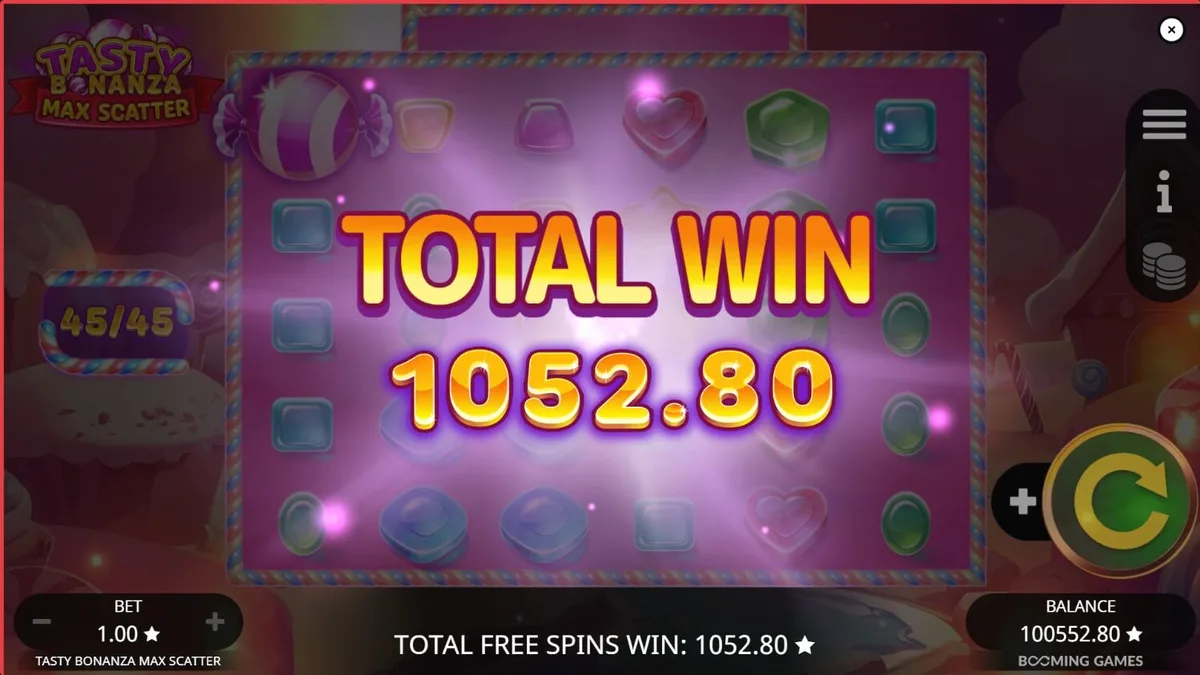 Tampilan visual penuh warna dari slot Tasty Bonanza Max Scatter dengan tema permen.